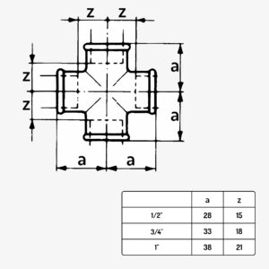 Schéma dimension raccord plomberie croix égal type 180 en fonte malléable noir – de 1/2″ à 1" - MC Fact