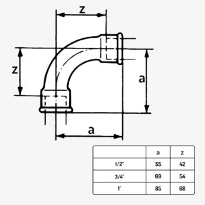 Schéma dimension raccord plomberie coude long 90° type 2 en fonte malléable noir - MC Fact