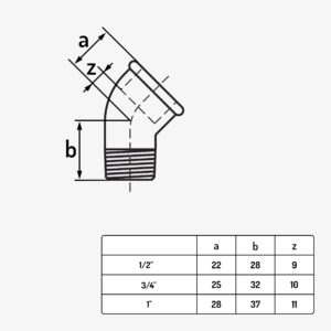 Schéma dimension raccord plomberie coude 45 degré MF type 121 en fonte malléable noir - MC Fact