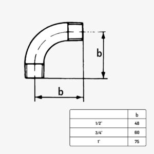 Schéma dimensions raccord coude long male male 90° de plomberie en fonte noir style industrielle DIY